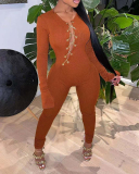 Women Solid Color Cross Strappy Slim Jumpsuit Black Coffee S-2XL 