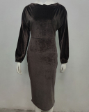 Women Solid Color One-shoulder Long Puff Sleeve Suede Casual Dresses Club Party Dress Wine Red Purple Blue Green Coffee S-3XL