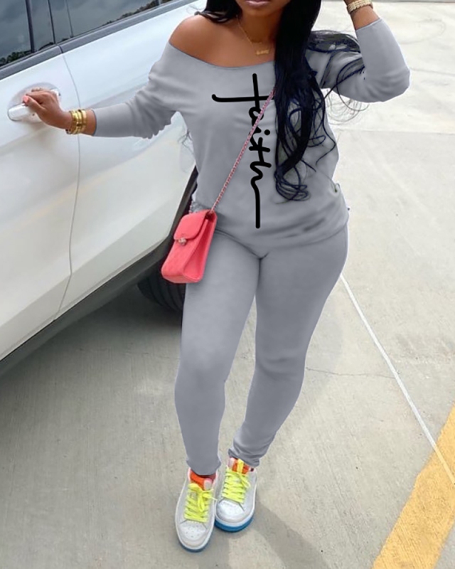 Women Fashion Print Long Sleeve Off Shoulder Top Casual Pants Sets Two Pieces Outfit Orange Red Purple Gray Green Blue S-3XL