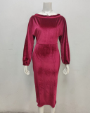 Women Solid Color One-shoulder Long Puff Sleeve Suede Casual Dresses Club Party Dress Wine Red Purple Blue Green Coffee S-3XL