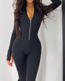 Ladies Fashion New Solid Color Longsleeved Zipper Sports Jumpsuit S-L