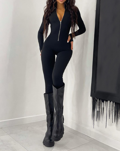 Ladies Fashion New Solid Color Longsleeved Zipper Sports Jumpsuit S-L