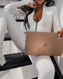 Ladies Fashion New Solid Color Longsleeved Zipper Sports Jumpsuit S-L