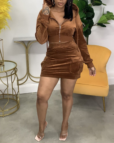 Women Long Sleeve Solid Color Hoodies Skirt Sets Two Pieces Outfit Gray Black Coffee Blue Wine Red S-3XL