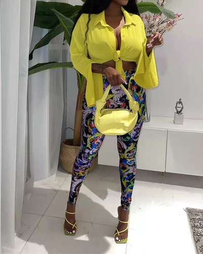 Women Long Sleeve T Shirt Turn-down Collar Two Pieces Outfit Pants Sets Yellow Orange Rose Red S-XL