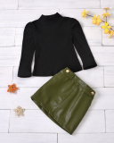 Children's Fashion New Solid Color High-Neck Long-Sleeved Shirt Button Leather Skirt Two-Piece Suit 90CM-130CM