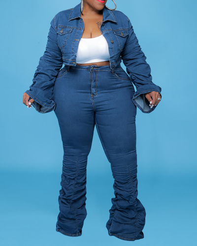 Women Long Sleeve Turn-down Collar Coats Ruched Pants Plus Size Two Piece Sets Blue XL-5XL