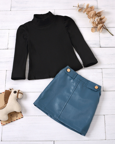 Children's Fashion New Solid Color High-Neck Long-Sleeved Shirt Button Leather Skirt Two-Piece Suit 90CM-130CM