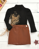 Children's Fashion New Solid Color High-Neck Long-Sleeved Shirt Button Leather Skirt Two-Piece Suit 90CM-130CM
