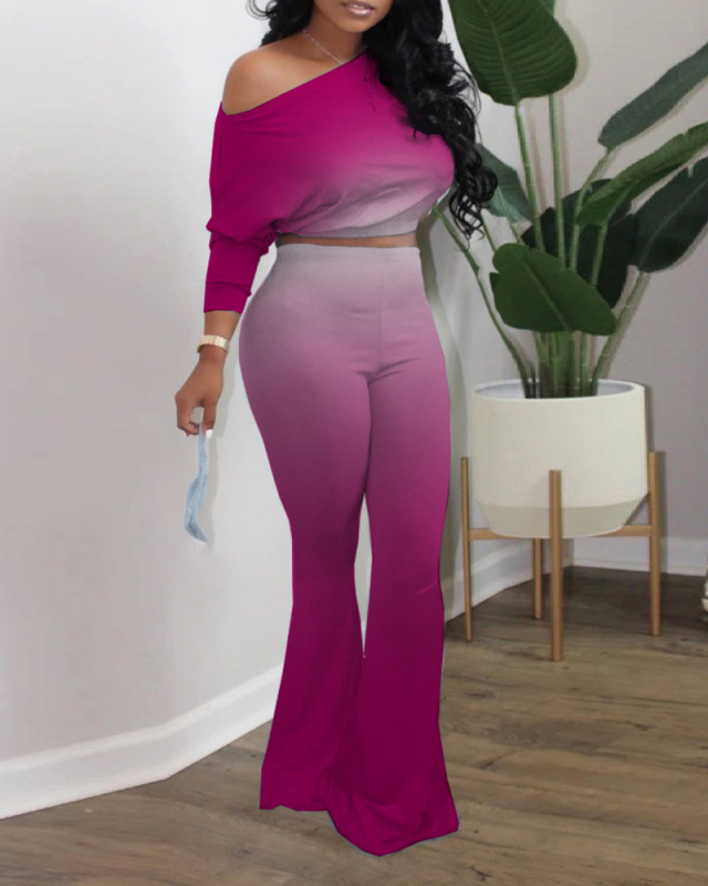 Ladies Fashion New Casual Gradient Pure Color Two-piece Set S-3XL 
