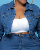 Women Long Sleeve Turn-down Collar Coats Ruched Pants Plus Size Two Piece Sets Blue XL-5XL