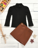 Children's Fashion New Solid Color High-Neck Long-Sleeved Shirt Button Leather Skirt Two-Piece Suit 90CM-130CM
