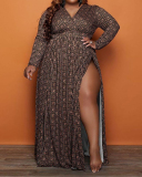 Women Long Sleeve V-neck High Slit Plus Size Dresses Black 2XL-5XL