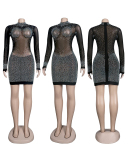 Women Long Sleeve Perspective Hot Drilling Mini Bodycon Dresses Club Dress Mini Dress Gold Colorful S-3XL
