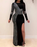 Casual Long Sleeve High Slit Hot Drilling Maxi Dresses Gold Black S-3XL
