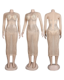 Women Mesh O Neck See Through Diamond Long-sleeved Dress Nightclub Casual Dresses White Apricot Black Silver S-5XL