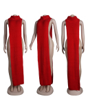 Sexy Sleeveless High Neck Two Side Hollow Out Fashion Casual Dresses Club Wear Red Gray Green Apricot Blue Orange One Size