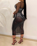 Women Mesh O Neck See Through Diamond Long-sleeved Dress Nightclub Casual Dresses White Apricot Black Silver S-5XL