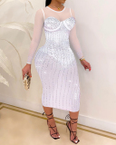 Women Mesh O Neck See Through Diamond Long-sleeved Dress Nightclub Casual Dresses White Apricot Black Silver S-5XL
