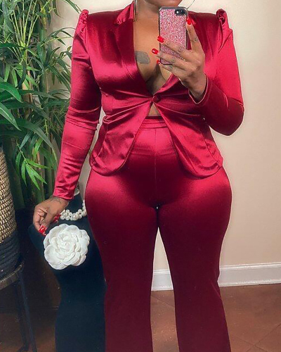 Women Long Sleeve Solid Color Wide Leg Pants Sets Two Pieces Outfit Wine Red Black S-XL