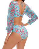 Lady Backless Hollow Out Sexy Printing Long Sleeve One Piece Swimwear S-XL 
