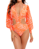 Lady Backless Hollow Out Sexy Printing Long Sleeve One Piece Swimwear S-XL 