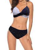 Lady Printing Colorblock Halter Backless High Waist Two Piece Swimwear S-3XL 