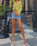 Lady Solid Color Sexy V-Neck Long Sleeve Tops Green S-L 