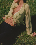 Lady Solid Color Sexy V-Neck Long Sleeve Tops Green S-L 