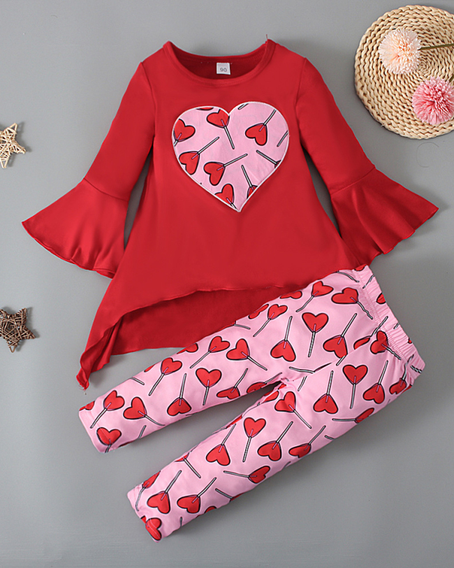 Girls' Warm Trumpet Sleeve Top + Pants Two-piece Love Pattern  90-130