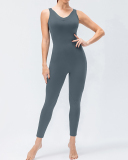 Women's Fashion New Style Sleeveless Pure Color V-neck Sexy Open Back Sports Jumpsuit S-XL