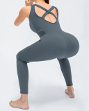 Women's Fashion New Style Sleeveless Pure Color V-neck Sexy Open Back Sports Jumpsuit S-XL