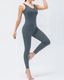 Women's Fashion New Style Sleeveless Pure Color V-neck Sexy Open Back Sports Jumpsuit S-XL