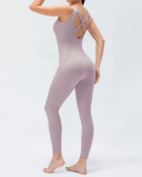 Women's Fashion New Style Sleeveless Pure Color V-neck Sexy Open Back Sports Jumpsuit S-XL