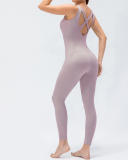 Women's Fashion New Style Sleeveless Pure Color V-neck Sexy Open Back Sports Jumpsuit S-XL