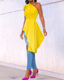 Stylish Women One Shoulder Solid Color Irregular Casual Dresses Yellow Red Green Black Blue S-2XL