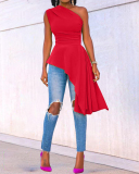 Stylish Women One Shoulder Solid Color Irregular Casual Dresses Yellow Red Green Black Blue S-2XL