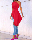Stylish Women One Shoulder Solid Color Irregular Casual Dresses Yellow Red Green Black Blue S-2XL