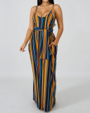 Women Strap Sleeveless Striped Casual Maxi Dresses Pink Orange Green Navy Blue S-2XL