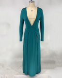 Women Long Sleeve V-neck High Slit Evening Dress Wine Red Black Green Blue S-2XL