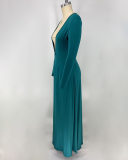 Women Long Sleeve V-neck High Slit Evening Dress Wine Red Black Green Blue S-2XL