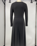 Women Long Sleeve V-neck High Slit Evening Dress Wine Red Black Green Blue S-2XL