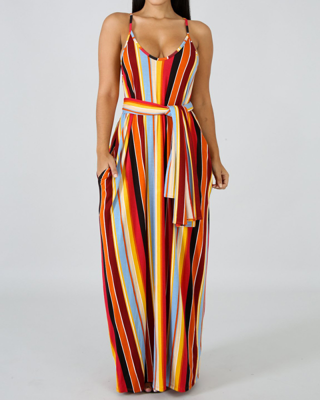 Women Strap Sleeveless Striped Casual Maxi Dresses Pink Orange Green Navy Blue S-2XL