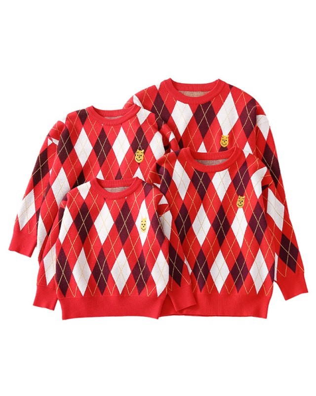 Mom's & Kid's Autumn & Winter Rhombus Long Sleeve O-neck Winter Sweater Red