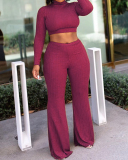 Women Long Sleeve High Waist Solid Color Pants Sets Two Pieces Outfit Yellow Orange Green Red S-2XL