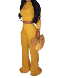 Women Long Sleeve High Waist Solid Color Pants Sets Two Pieces Outfit Yellow Orange Green Red S-2XL
