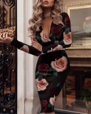 Ladies Fashion New Deep V Pleated Sequin Bag Hip Long Sleeve Long Midi Dress S-XXL