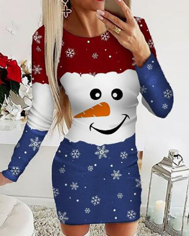 Ladies Fashion New Long Sleeve Christmas Printing Long Sleeve Slim Dress S-XXL