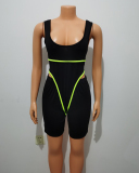 Women Sleeveless O-neck Sexy Flourescent Green Orange Sports Wear Bodysuit Short Sets Two Pieces Outfit S-XL