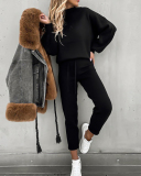 Women's Fashion New Sweater Set New High Neck Casual Solid Color Pants Pocket Two Piece S-XXL